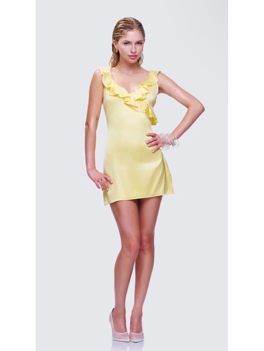 FINESSE Matilda Yellow Mini Dress Size XS Ruffle Asymmetric Fitted Summer Slip